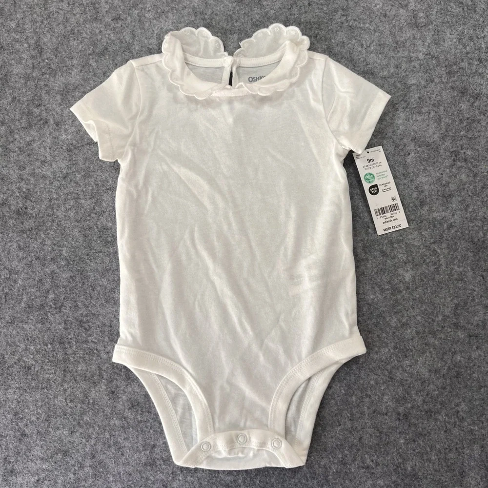OshKosh B'gosh Eyelet Scallop Bodysuit 9m White Cotton Short Sleeve